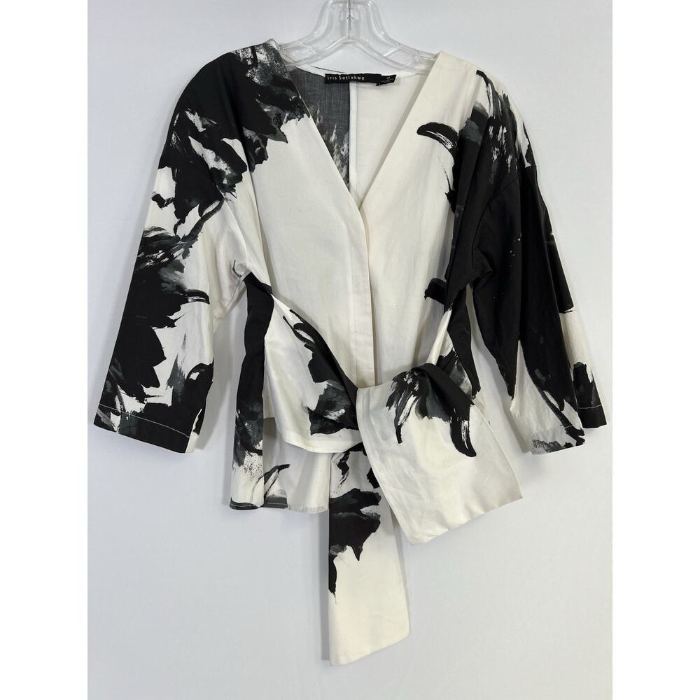 Iris Setlakwe Womens White Black Tie Front V-Neck Long Sleeve Tunic Sz 10